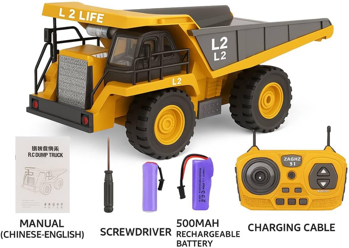 L 2 Life 2.4GHz Remote Control Dump Truck – 1:24 Scale Heavy Duty RC Construction Vehicle with Lights & Sounds, Rechargeable Battery, USB Charger & Remote Control for Kids Ages 6+